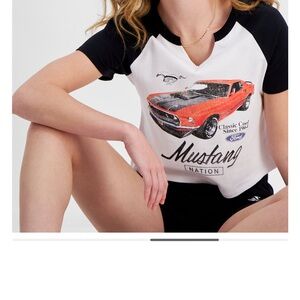 Large Crop Ford Mustang Nation Tee in Black, White, and Red